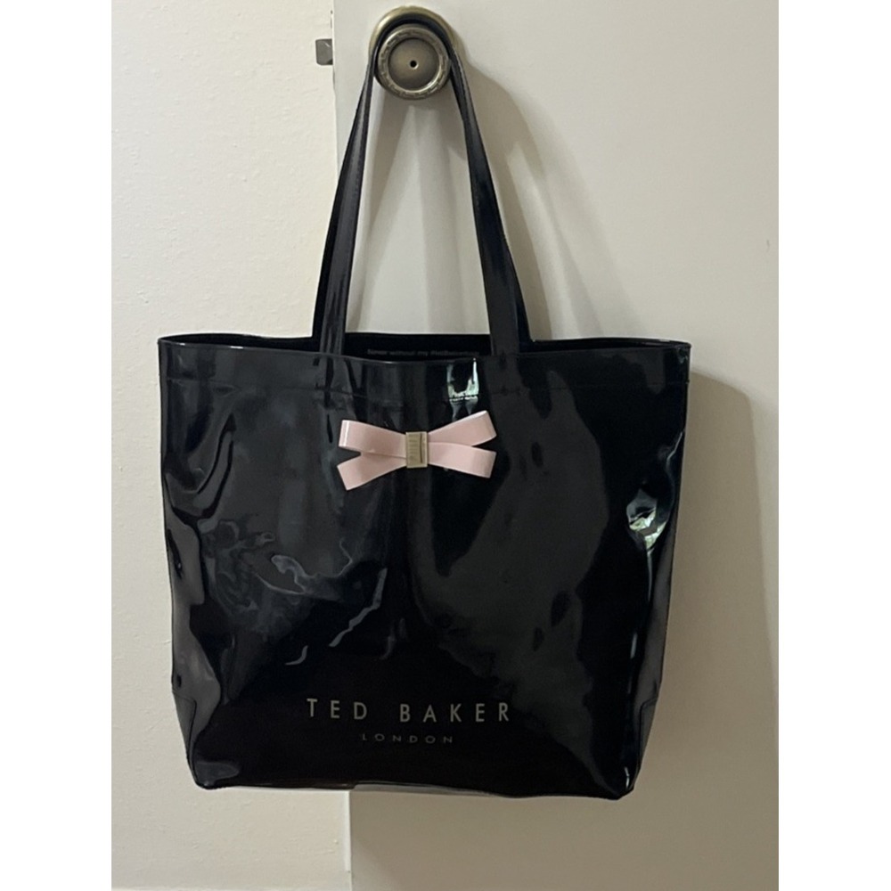 TED BAKER LONDON Icon Almacon Black Pink Bow Shiny Vinyl Tote Bag LARGE